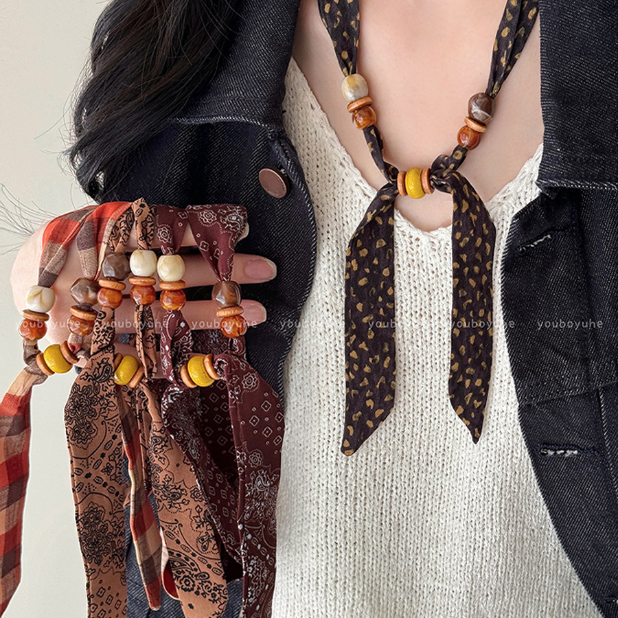 非金属布艺项链 复古腰果花串珠丝巾项链女设计感小众独特毛衣链