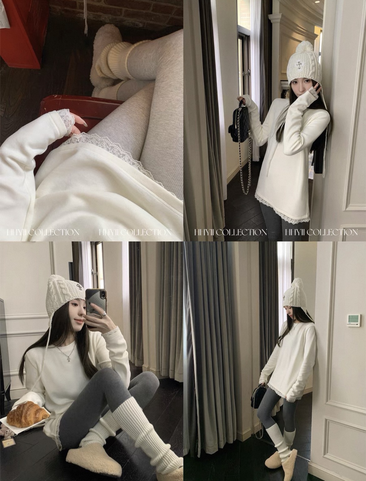 【95%棉加厚款】冬季中长款德绒蕾丝拼接加绒女长袖T恤圆领