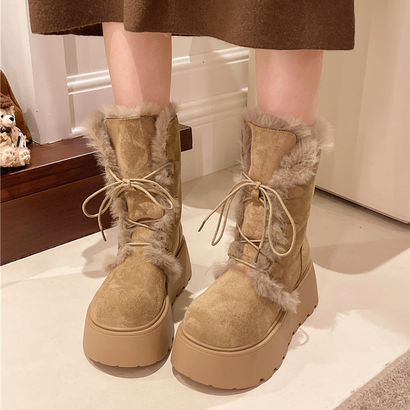 百搭系带加绒保暖雪地靴女2025秋冬季复古森系厚底增高中筒马丁靴