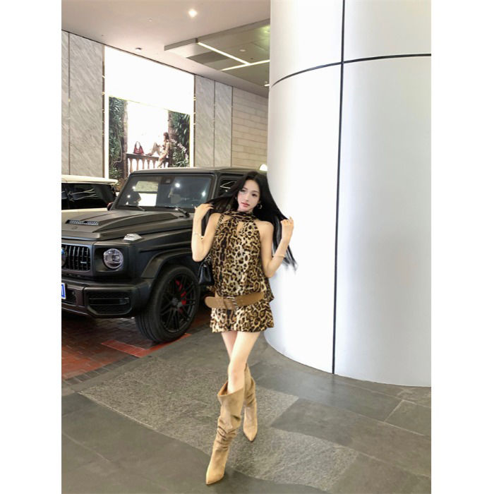 美式辣妹豹纹飘带挂脖连衣裙女夏季显瘦收腰无袖裙子雪纺a字短裙