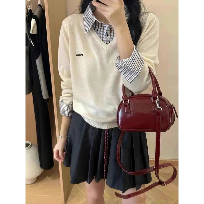 韩系简约格子衬衫拼接领长袖假两件毛衣字母刺绣宽松减龄针织衫