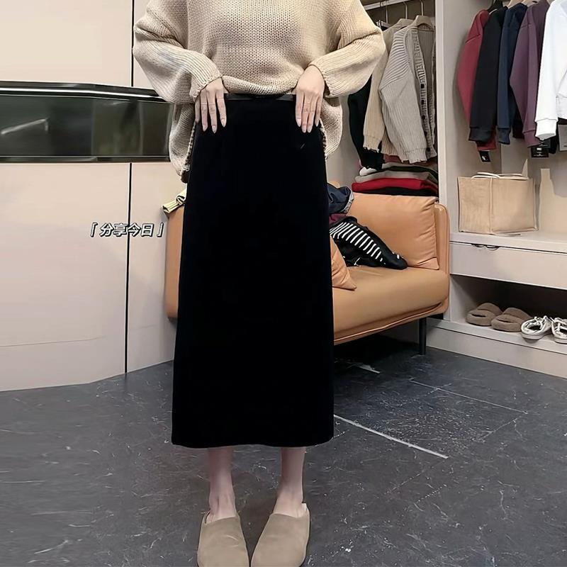 梨形身材黑色丝绒半身裙女秋冬加绒大码高腰显瘦开叉中长款A字裙