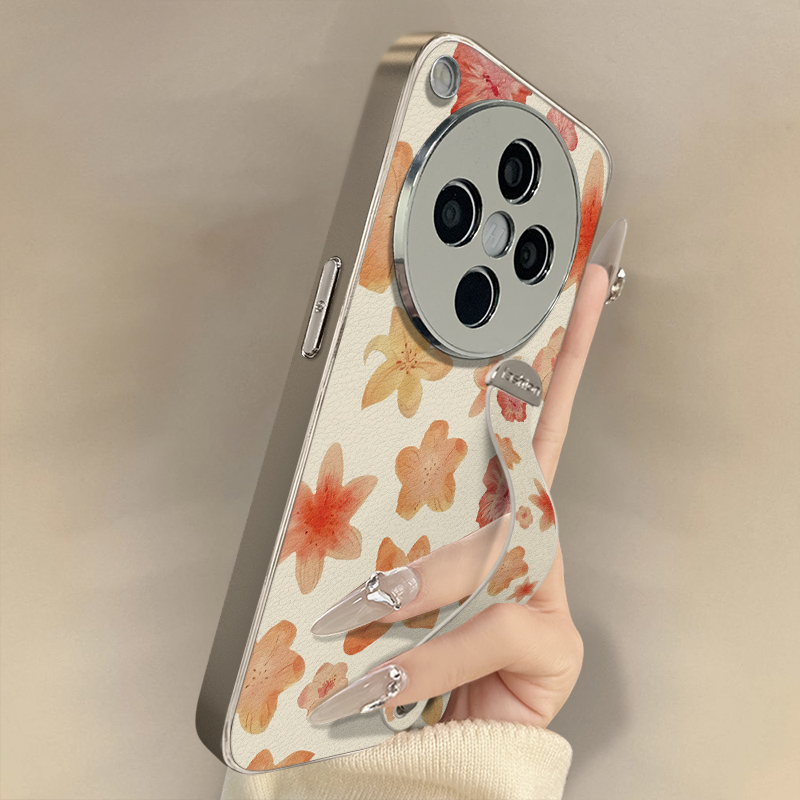 橘色百合花适用于oppofindx8手机壳女款全包防摔小众高级羊皮腕带