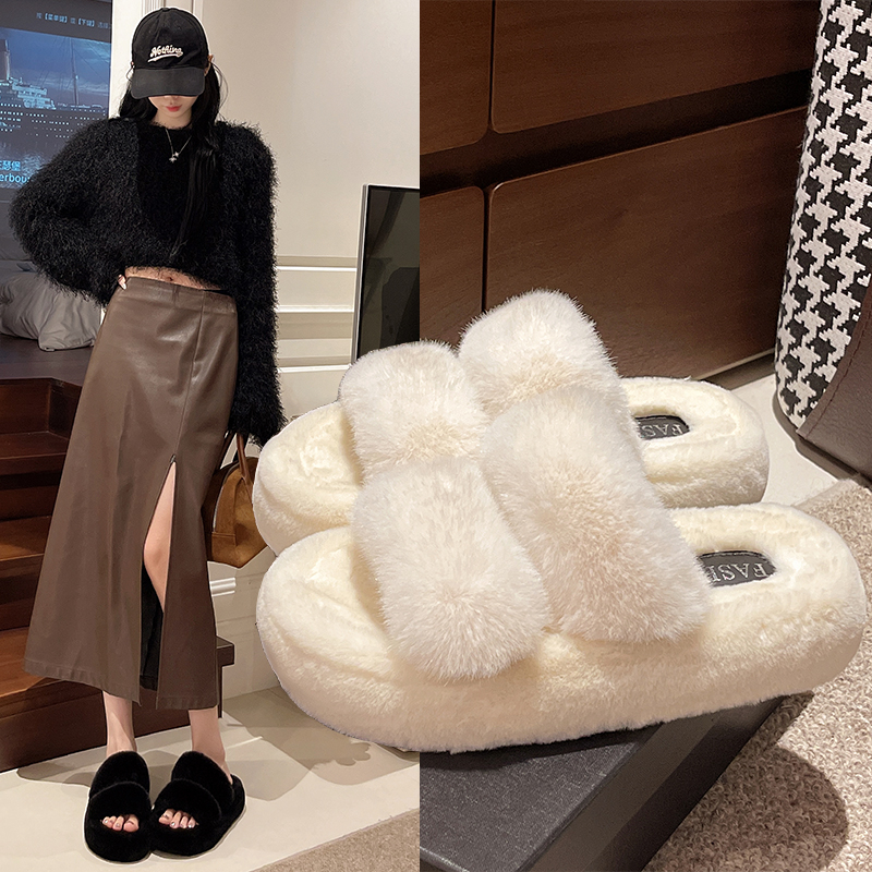 毛毛拖鞋女2025秋冬季新款毛绒厚底一字拖鞋带加绒保暖棉拖女鞋子
