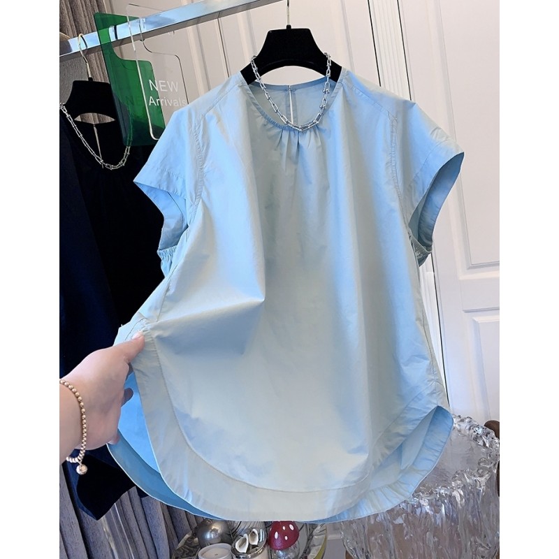 0635法式高级感气质圆领短袖衬衫今年夏季流行漂亮小衫遮肚子上衣