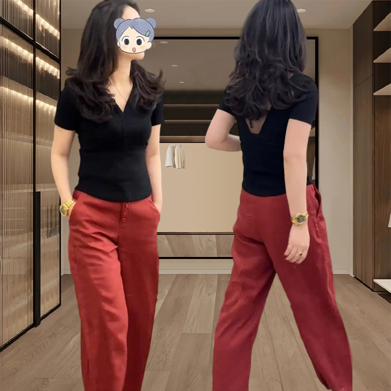 韩版V领纯色短袖上衣百搭休闲裤两件套女2025年夏季新款时尚套装