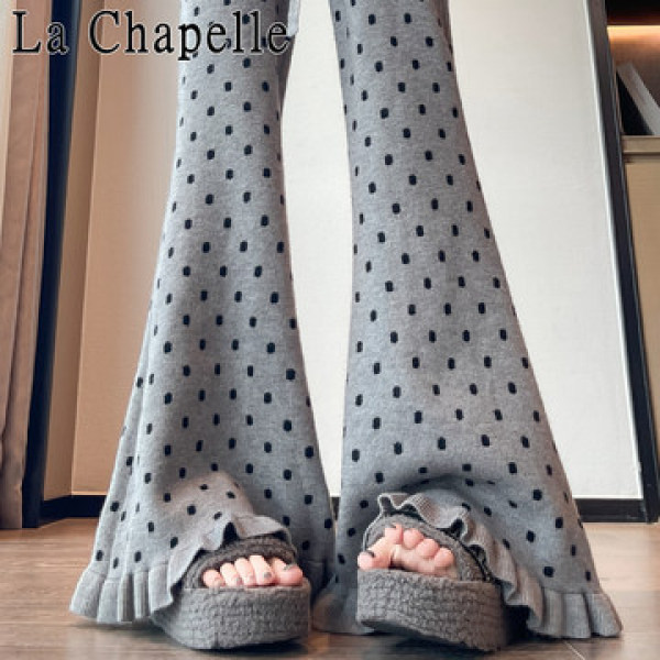 拉夏贝尔花边波点微喇裤女春秋新款抽绳高腰软糯宽松慵懒风喇叭裤