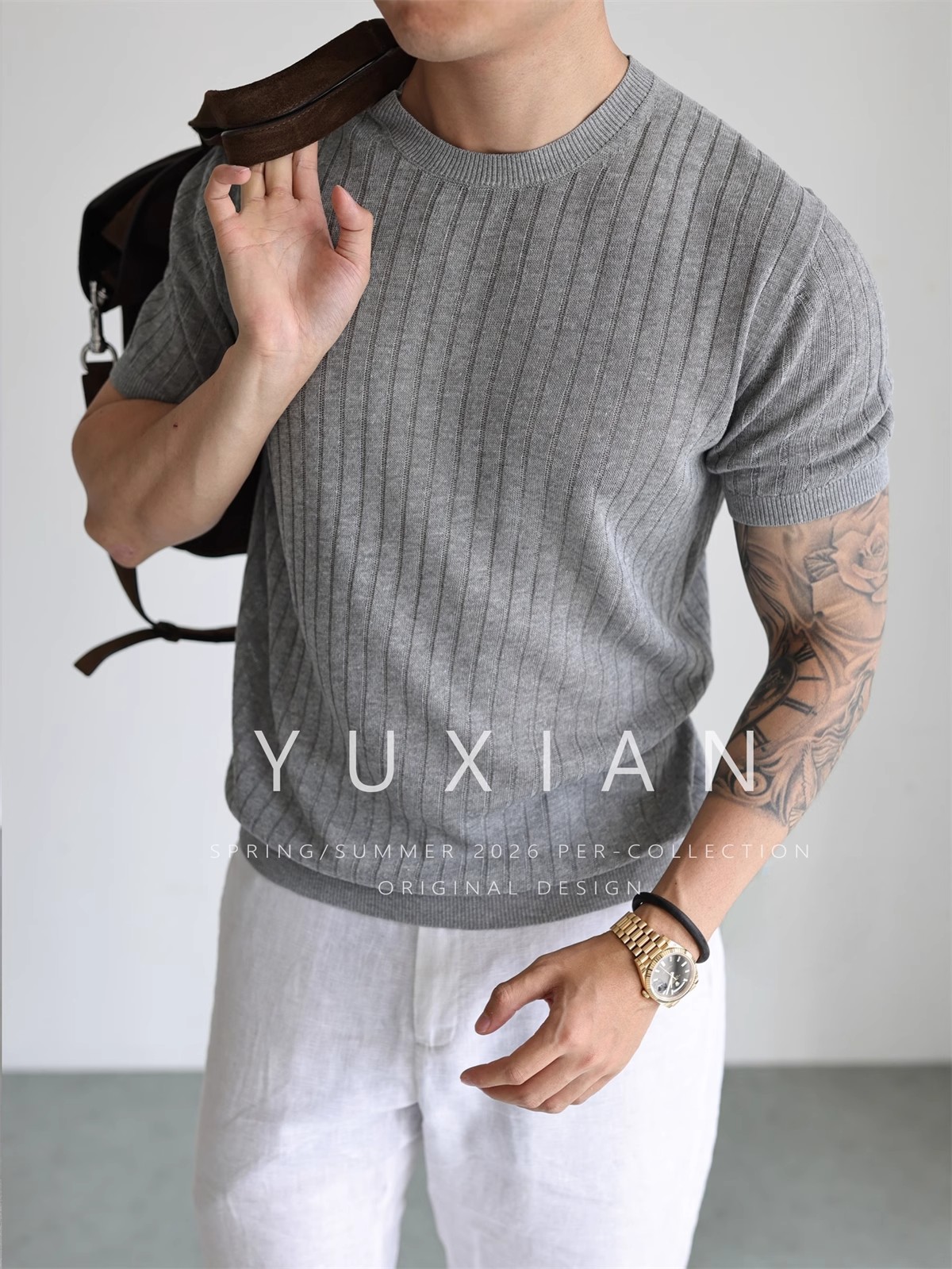 【天丝亚麻】意式透气天然亚麻混纺坑条针织短袖休闲商务T恤春夏