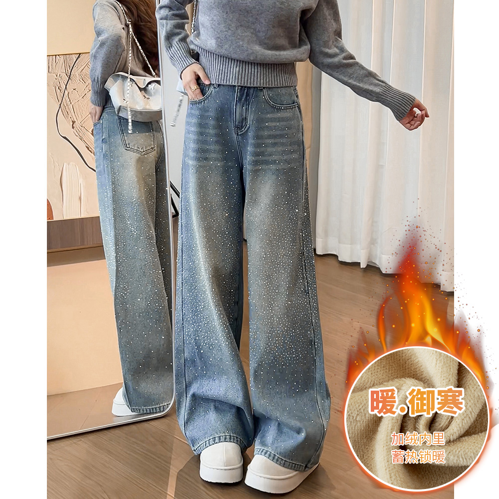 326耀眼星河满钻牛仔裤女秋冬新款加绒高腰显瘦百搭牛仔宽松阔腿