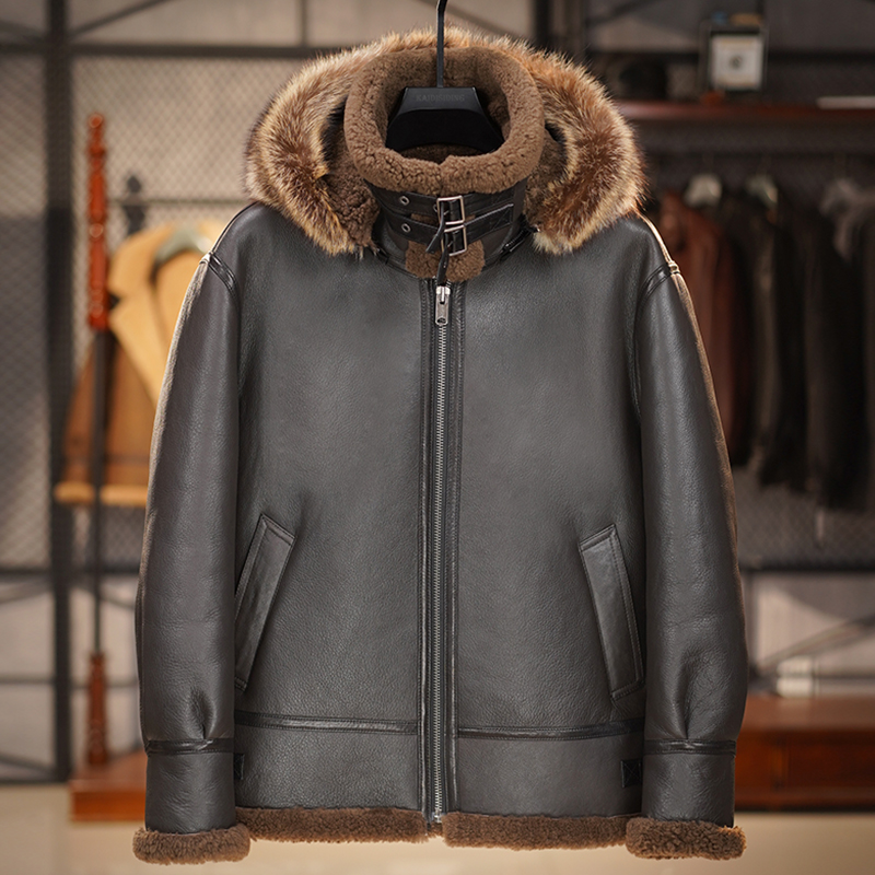 重水洗油蜡原生态皮毛一体男装b3飞行服夹克冬加厚真皮皮衣皮草