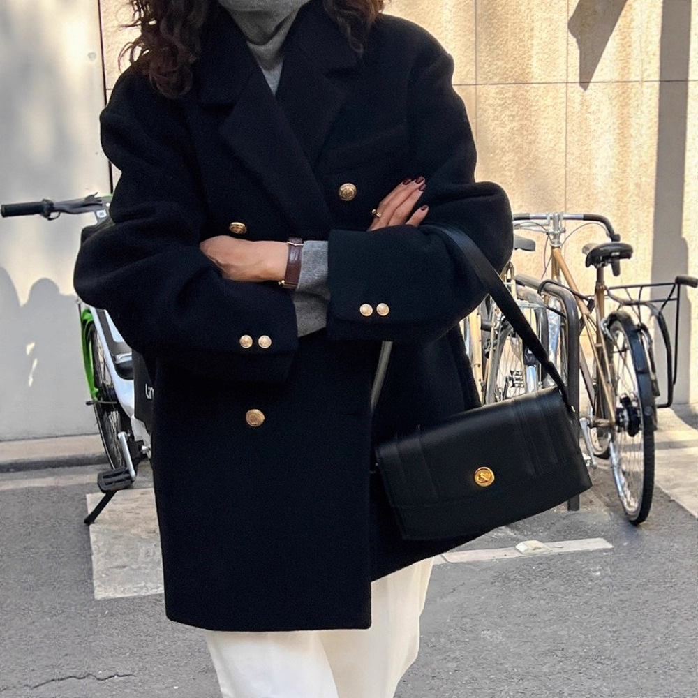 黑色短款西装毛呢外套女秋冬赫本风呢子大衣韩系胖mm显瘦毛呢外套