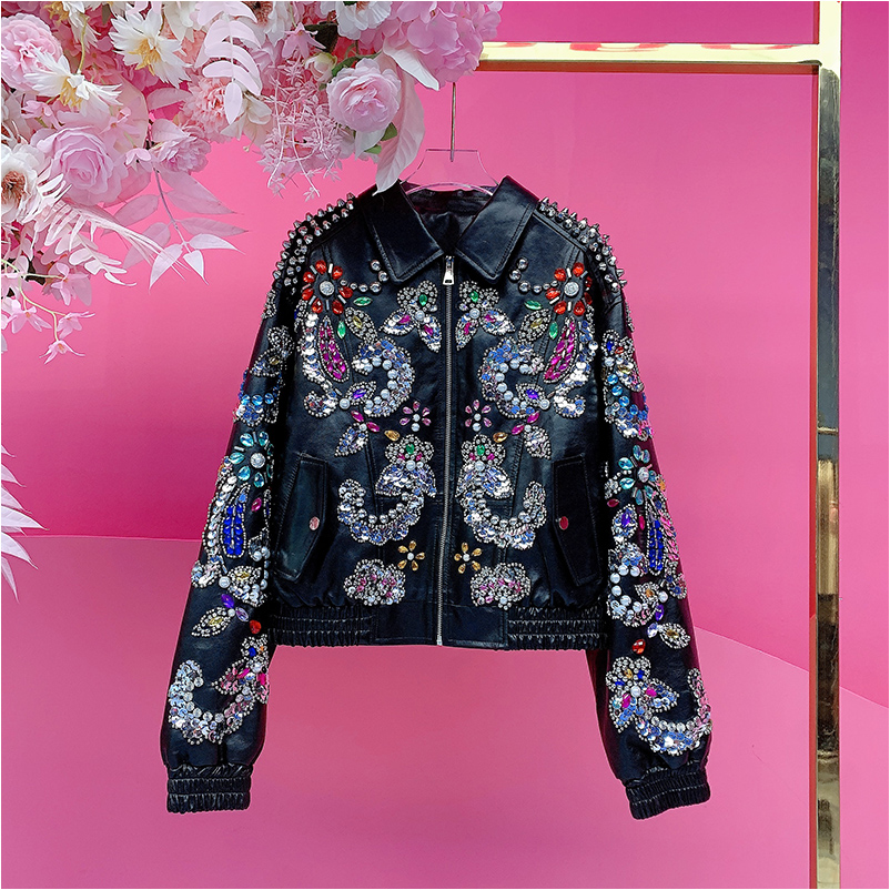 A3950欧美设计师2025秋季新款重工彩色钉钻刺绣潮酷绵羊皮外套