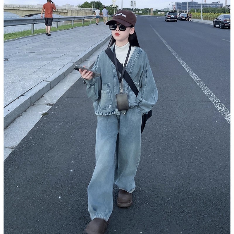 女童套装秋装2025新款儿童洋气韩版春秋款外套大童时髦牛仔两件套