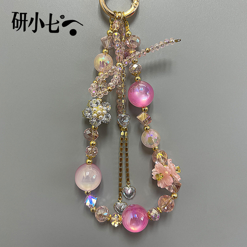 研小七粉色水晶串珠蝴蝶结挂绳diy挂件手工创意手机链条防丢C124