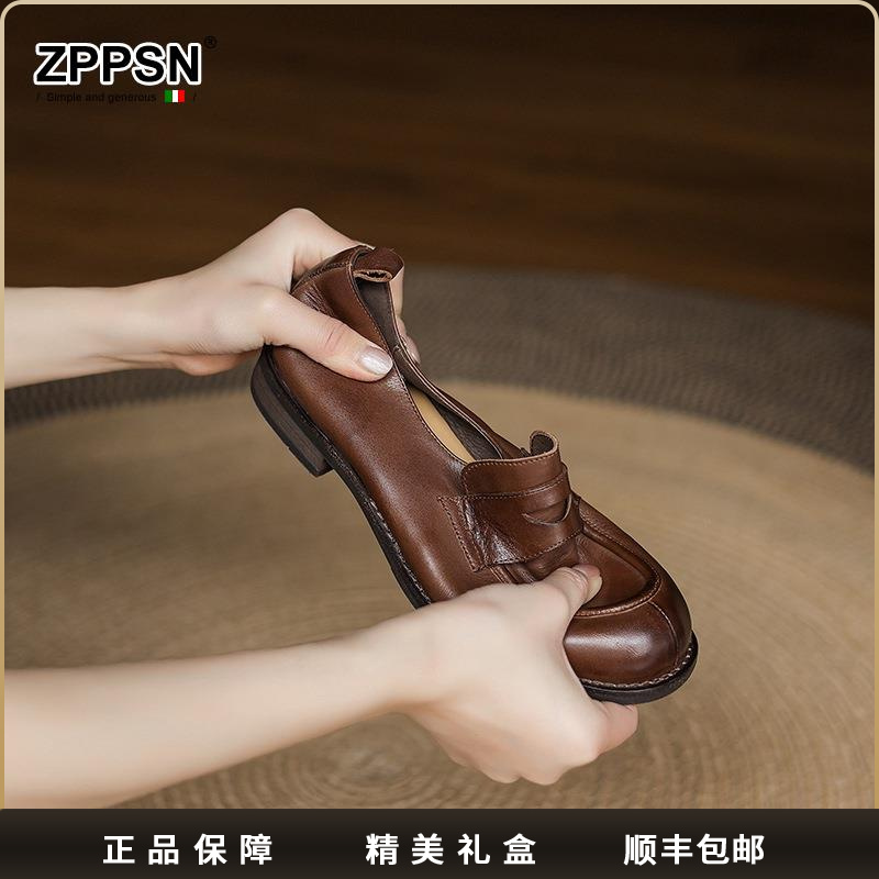 ZPPSN2025年春夏新款女鞋圆头粗跟低跟套脚舒适柔软牛皮女鞋