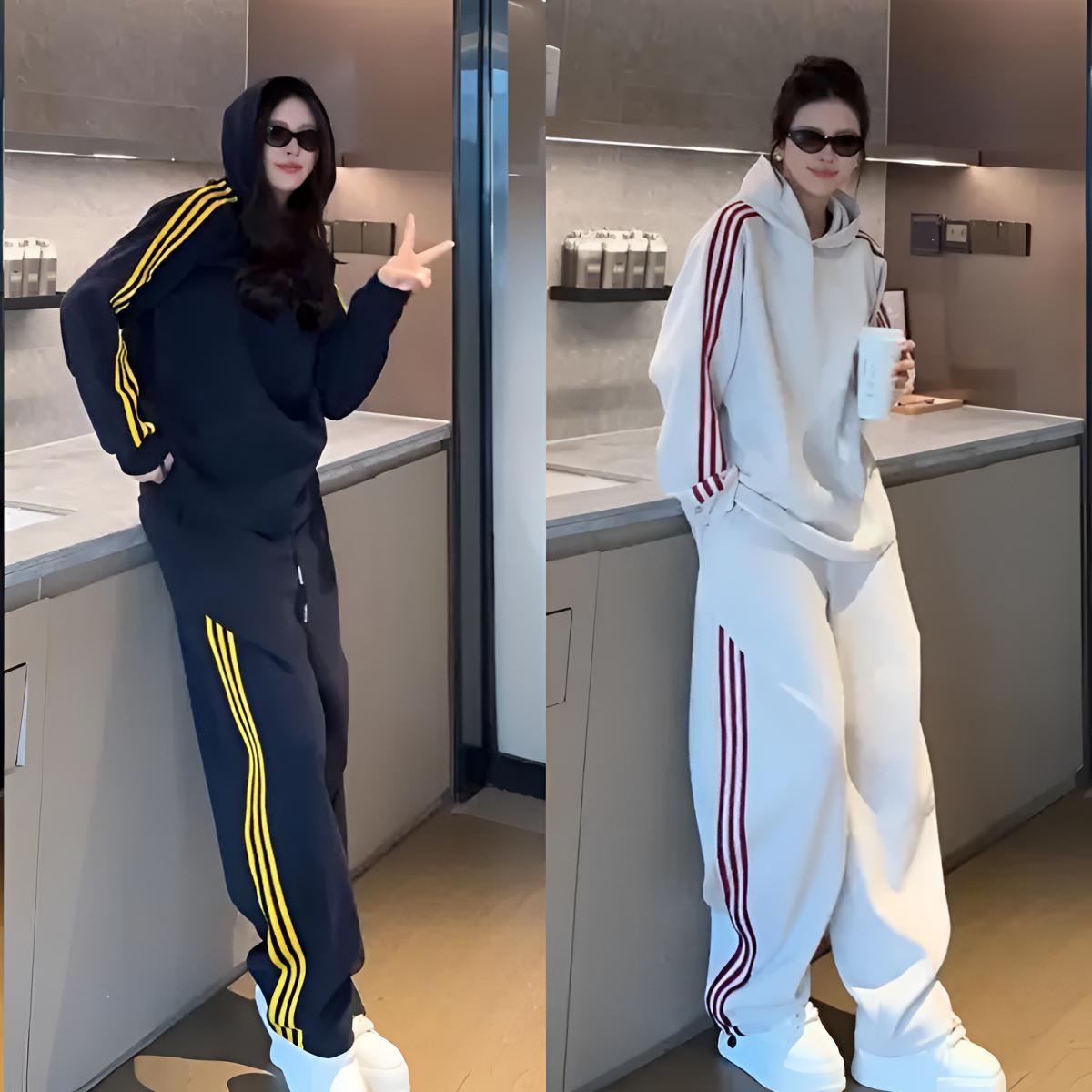 【高品质】秋季新款三条杠条纹休闲运动套装男百搭卫衣直筒裤两件套