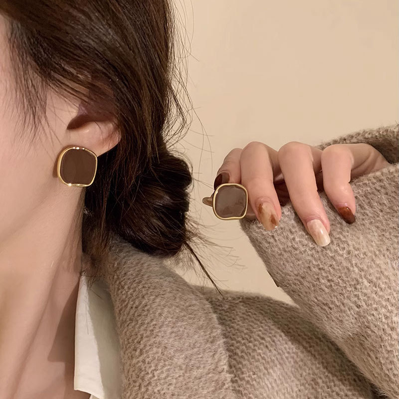 铜合金耳饰 复古不规则方形耳环耳钉小众设计感气质百搭潮耳饰A87