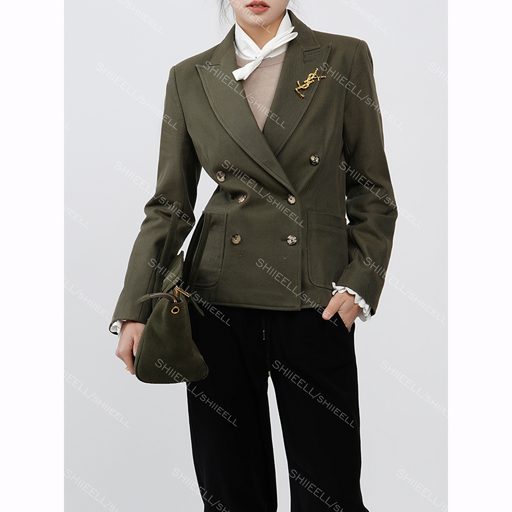 SHIIEELL新款秋季气质时尚老钱风双排扣提花针织西装外套Z2388