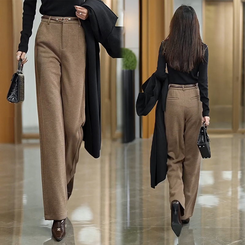 修身羊毛呢阔腿裤女秋冬季2025新款高腰显瘦窄版休闲保暖直筒裤子