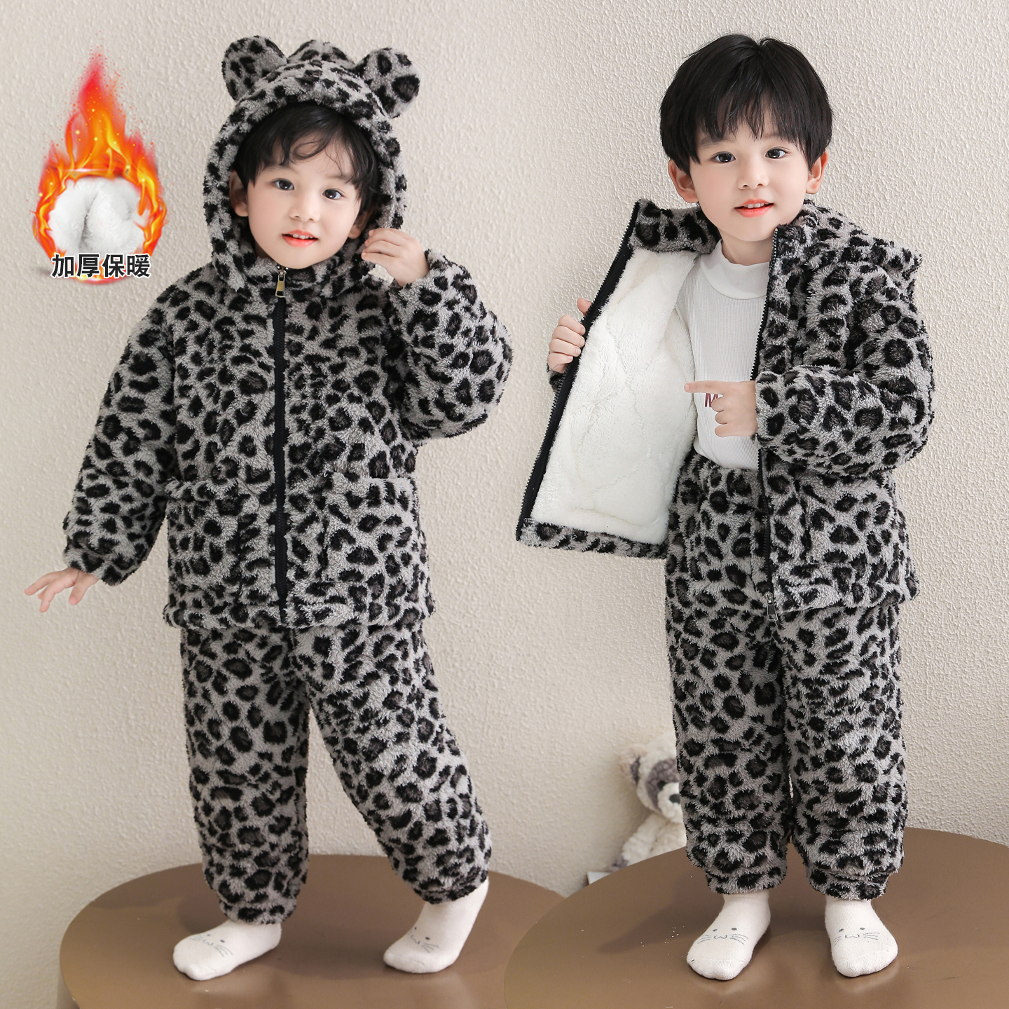 男童珊瑚绒睡衣冬季儿童三层夹棉家居服保暖套装宝宝卡通睡衣男孩