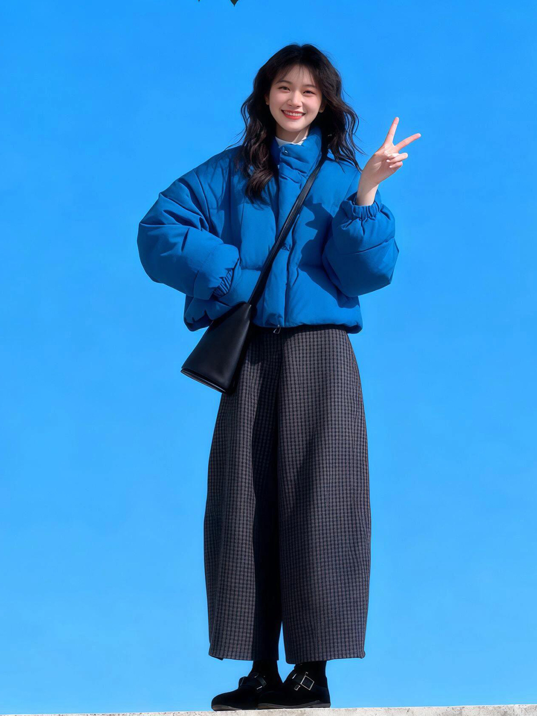 克莱因蓝加厚保暖立领棉服棉衣女冬季新款时尚小个子格纹长裤套装