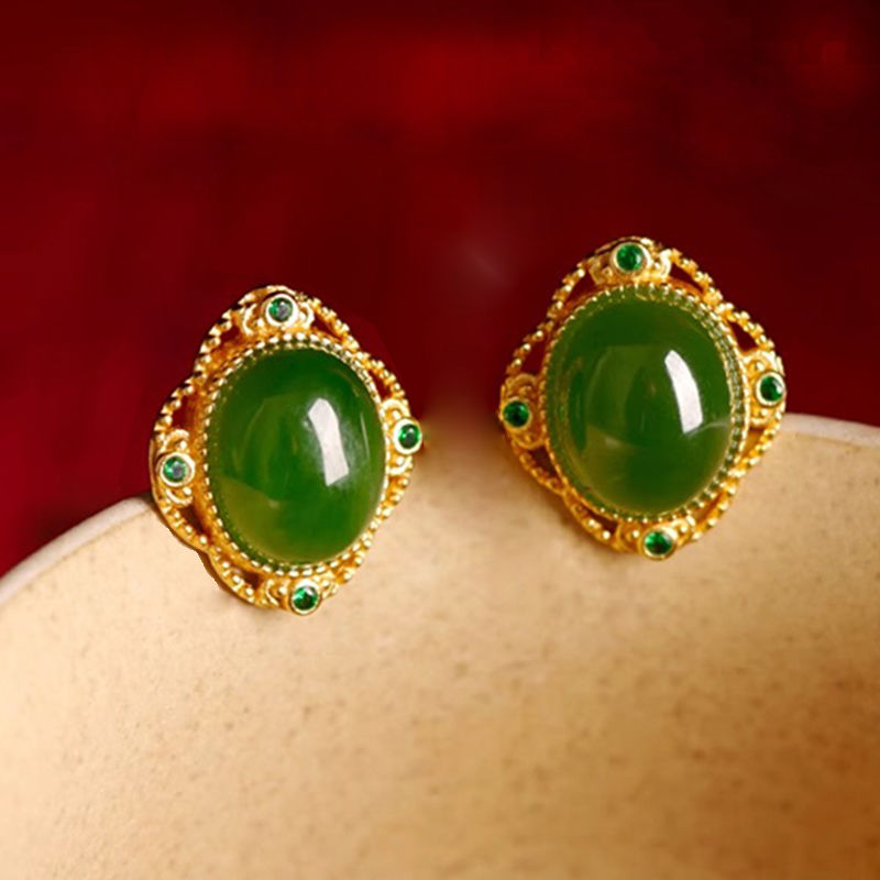 和田玉耳钉女925银女碧玉耳环古风新中式国风耳饰七夕礼物