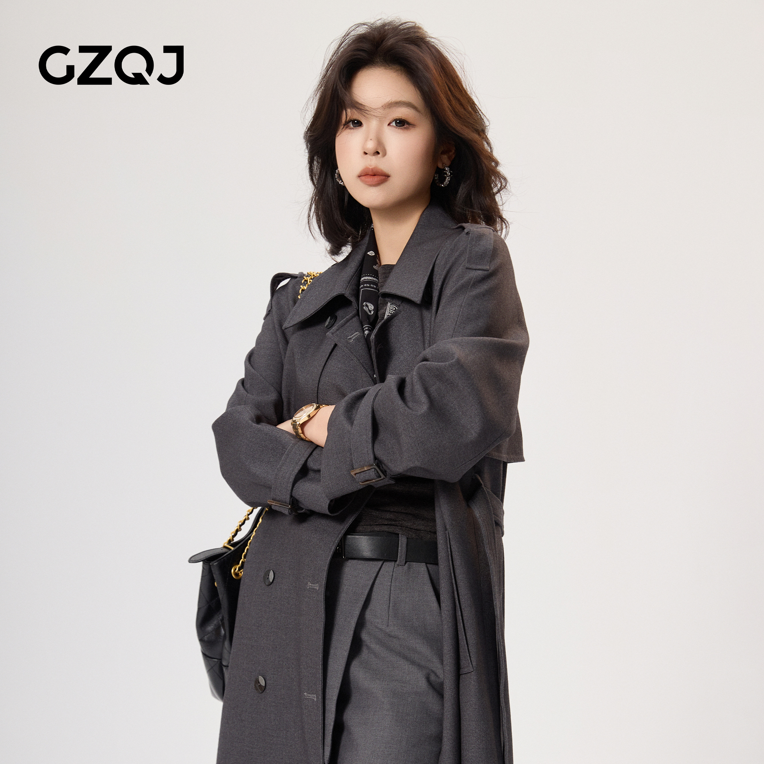 老琴私服【倾城之恋】格雷系时尚翻领双排扣中长款风衣外套女05889