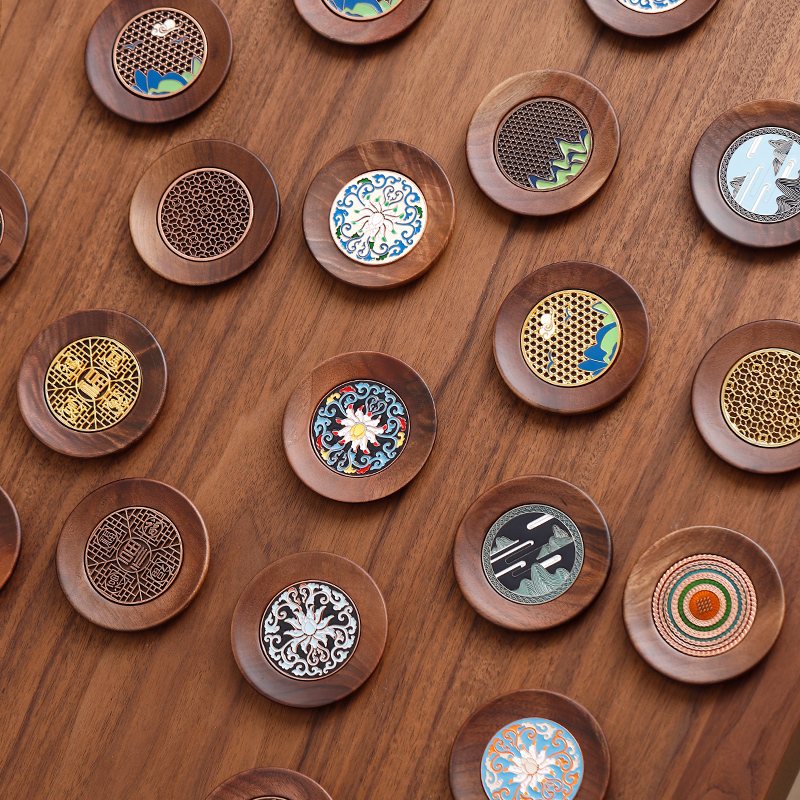 中式胡桃木茶杯垫珐琅彩实木隔热杯托防烫高档功夫茶具配件可定制