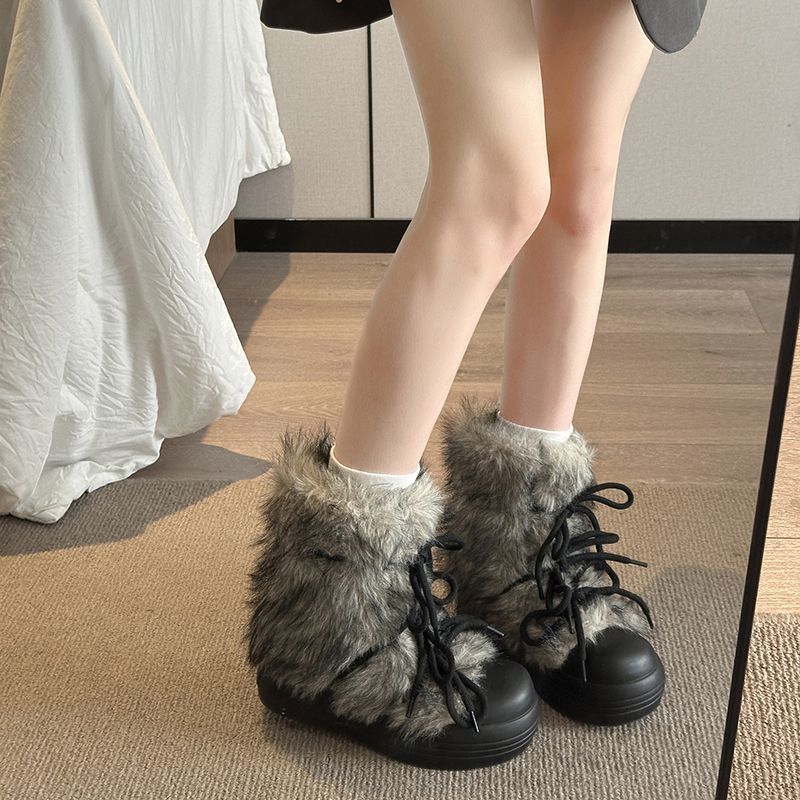 废土千禧风厚底毛毛雪地鞋女2025秋冬新款小众加绒加厚大头棉鞋子