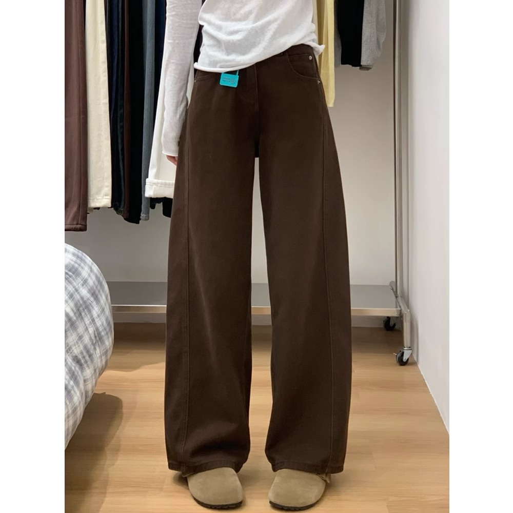 美拉德复古咖色弯刀牛仔裤女加绒设计感高腰直筒阔腿拖地镰刀裤子