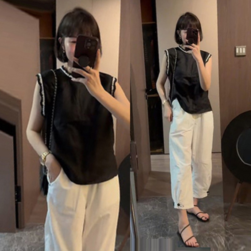 蕾丝拼接无袖衬衫女款夏季时尚套装高腰宽松薄款显瘦休闲裤两件套
