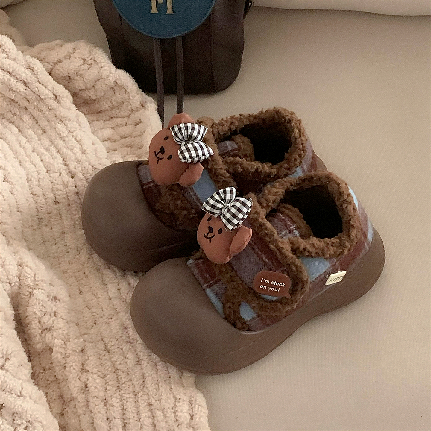 细细条 格子蝴蝶结小熊保暖亲子棉鞋魔术贴面包鞋厚底毛毛鞋女冬