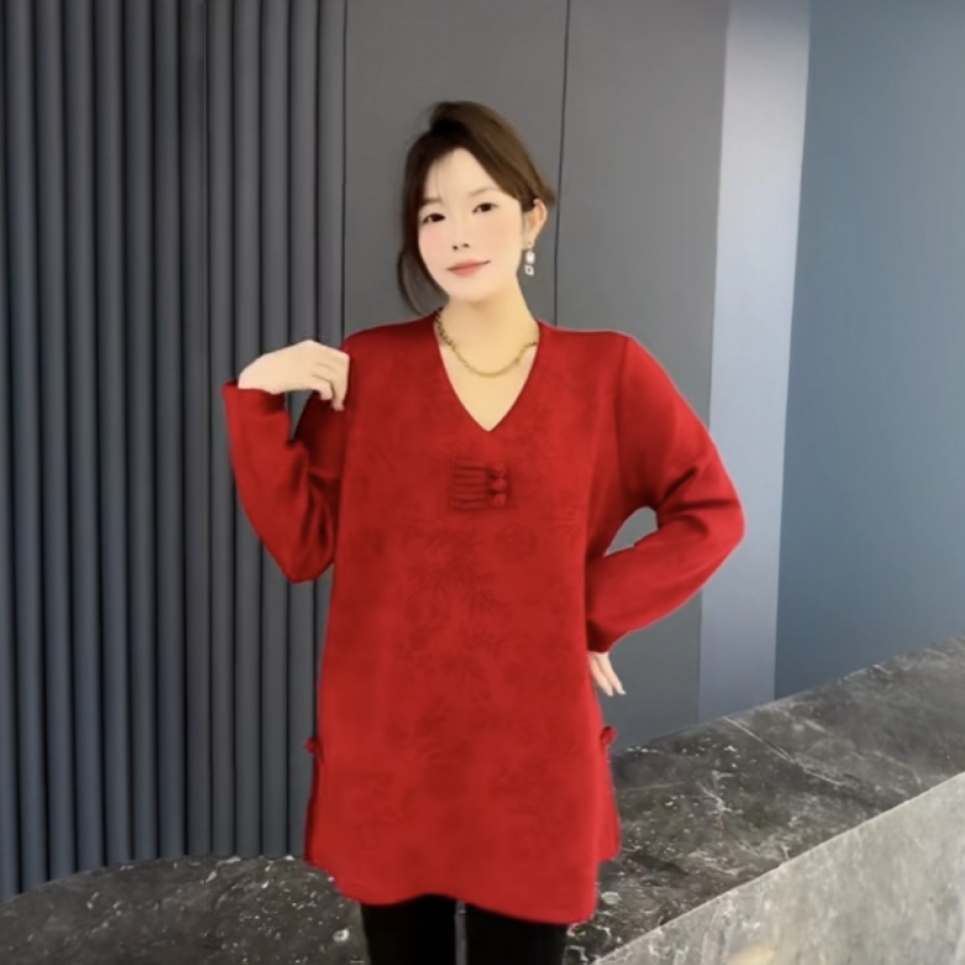 秋冬新款胖MM大码新中式国风盘扣遮肉显瘦百搭时尚长袖打底衫上衣