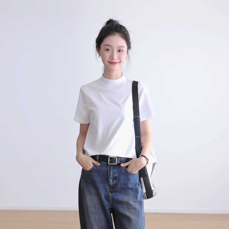 通勤打底衫极简棉质半高领t恤女短袖立领后缝线宽松中领叠穿上衣