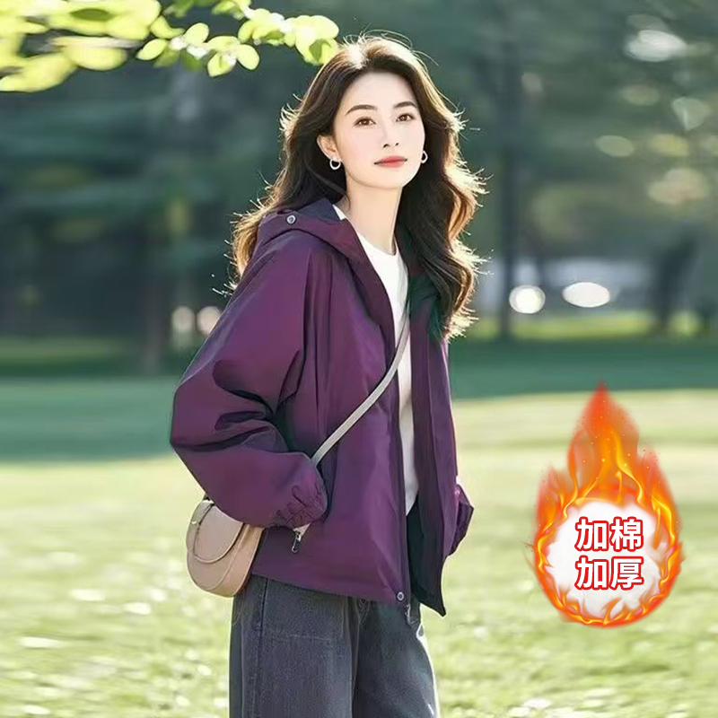 春秋百搭上衣加棉加厚休闲连帽女士时尚宽松长袖韩版短款短外套女