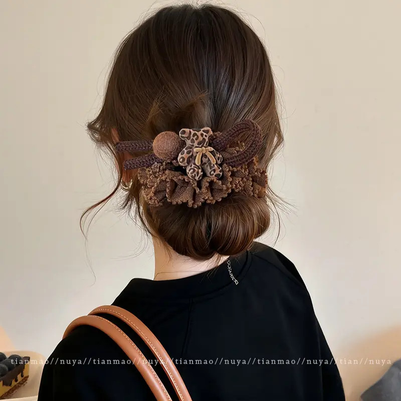 韩系豹纹小熊大肠发圈女高级感洋气时尚丸子头发绳扎头发头花头绳