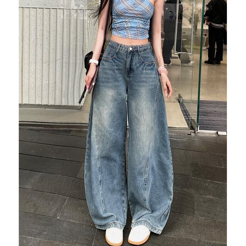 大码弯刀牛仔裤子女款胖mm显瘦梨型身材微胖穿搭慵懒风高腰阔腿裤