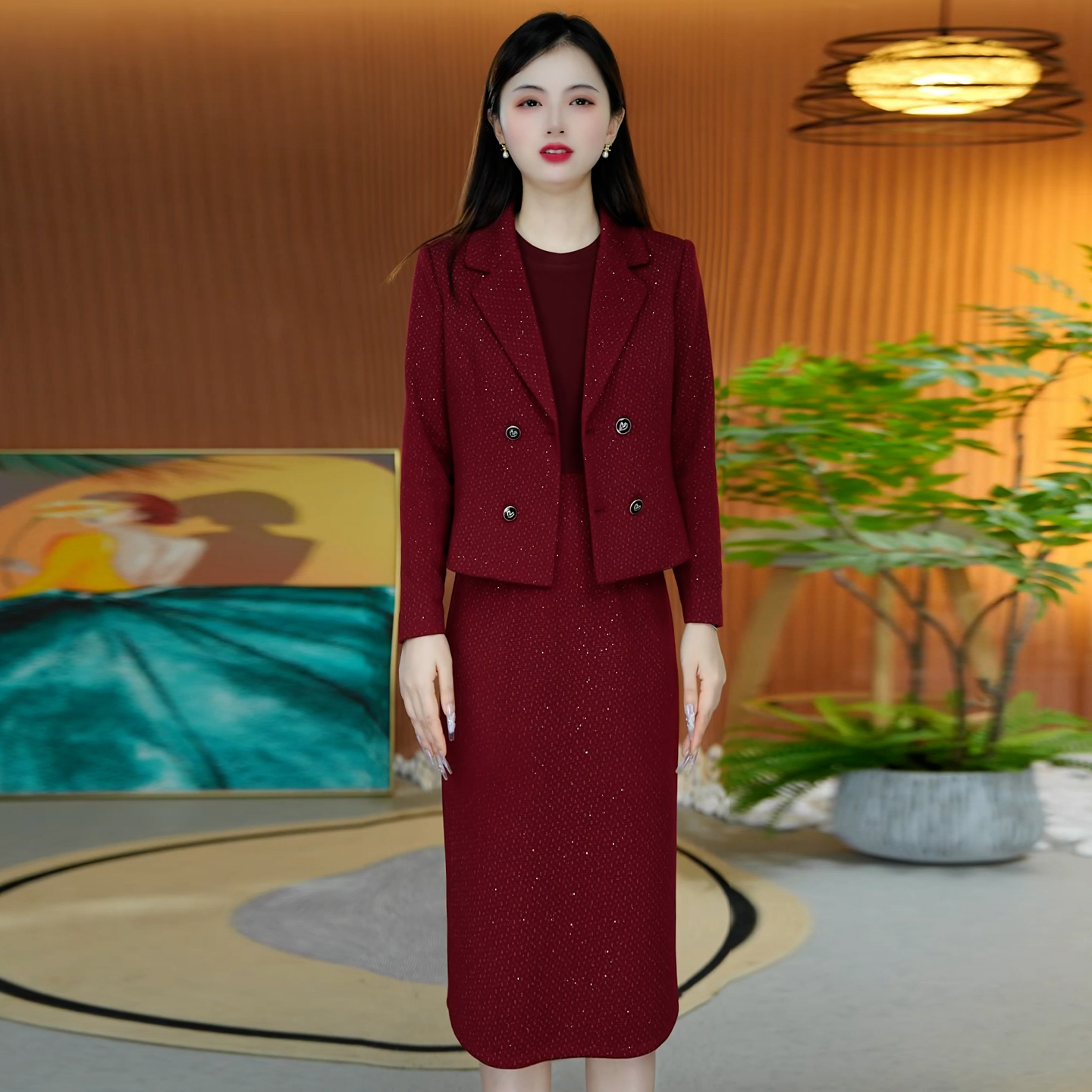 红色西装套装女2025年秋季新款中年妈妈装气质高贵优雅两件套裙子