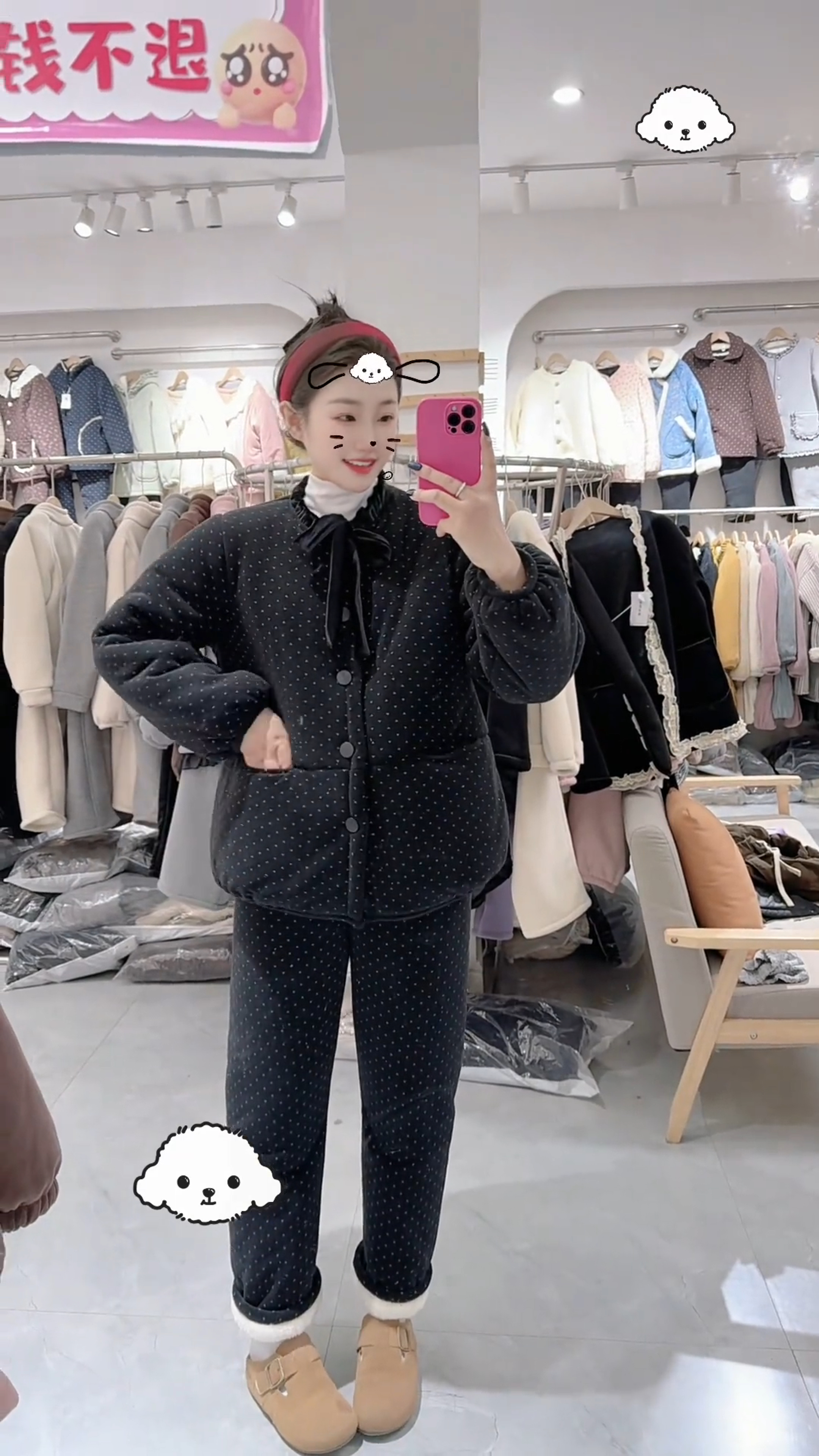 黑色波点棉衣三层夹棉睡衣女冬季新款加厚开衫棉服保暖家居服套装