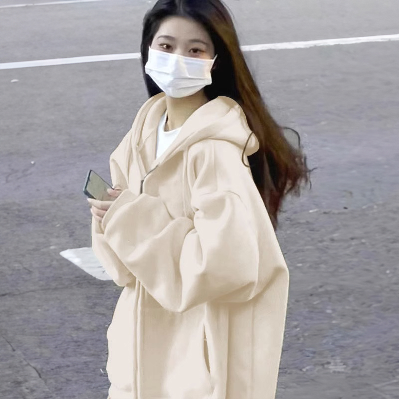 卫衣女春秋纯色宽松oversize加绒加厚连帽拉链开衫外套百搭慵懒风