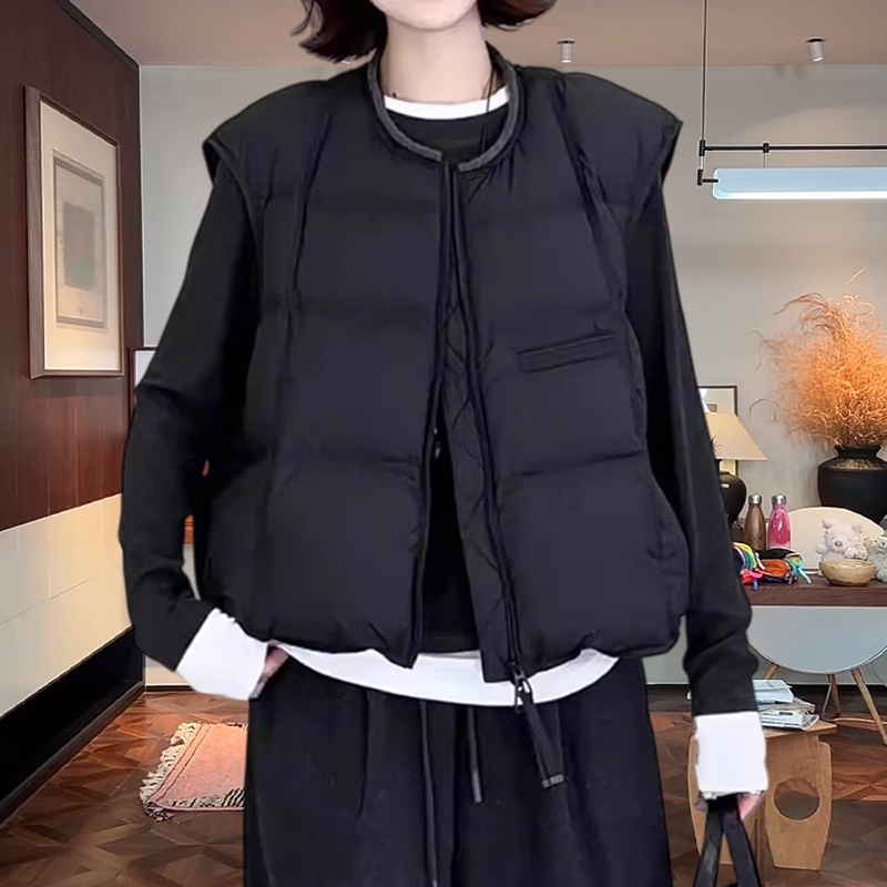 韩系宽松圆领棉服马甲背心女秋冬大码微胖MM外穿百搭无袖马夹上衣