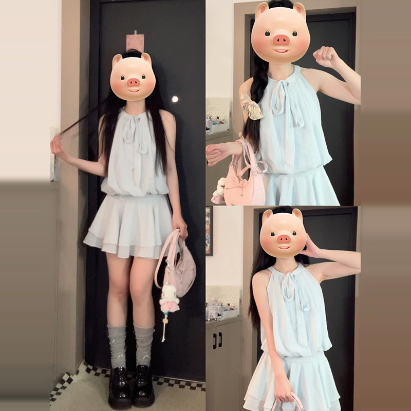 韩系蓝色挂脖连衣裙清冷厌世2025夏季新款小个子收腰显瘦a字短裙