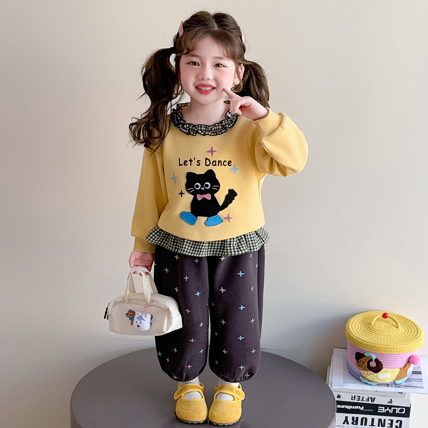 女童2025秋季时尚洋气新款儿童套装中小童猫咪印花花边卫衣套装