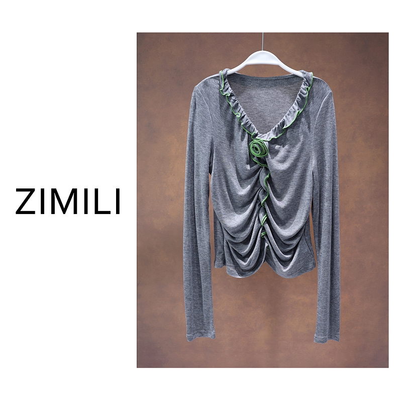 【亮哥女装】2025欧版新品花灰花边褶V领时尚高弹打底上衣9813-A1