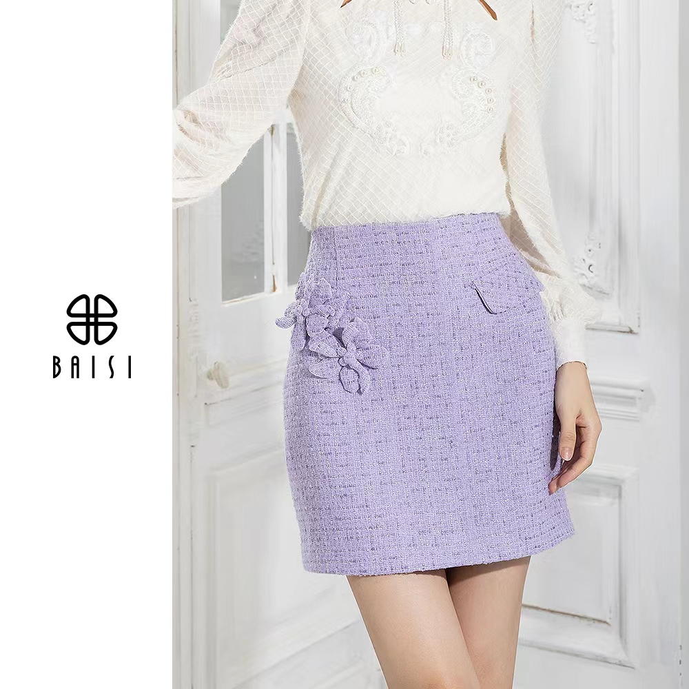 BAISI/百丝冬季法式高腰包臀气质小香风短裙拼接设计师款修身显瘦