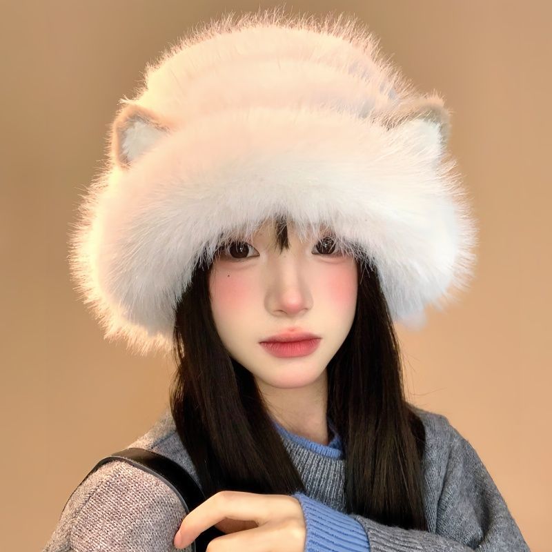 可爱猫咪耳朵渔夫帽女冬季2025新款防寒保暖毛绒帽子大头围盆帽