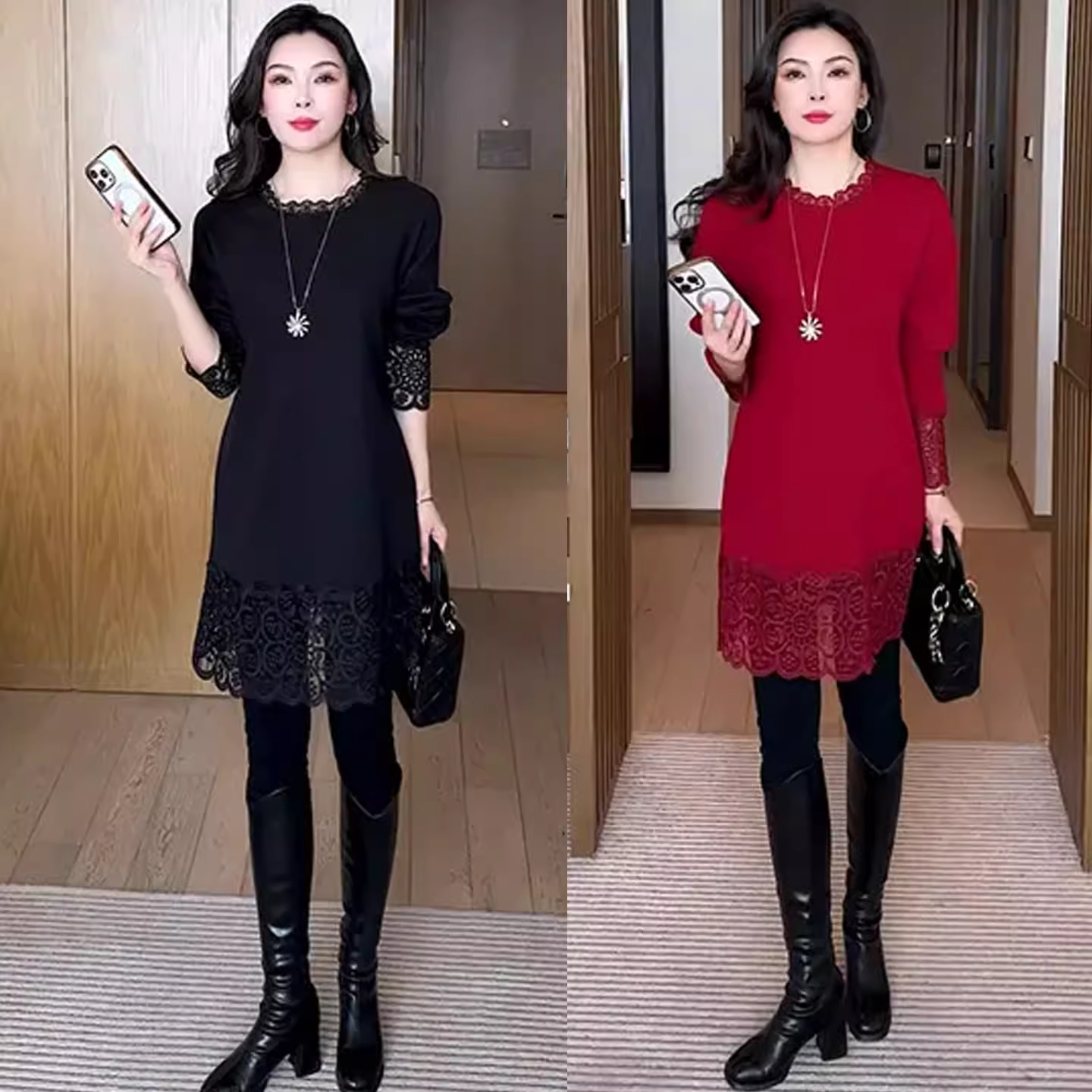 时尚中长款针织衫女今年秋冬新款洋气宽松显瘦拼接蕾丝钩花打底衫