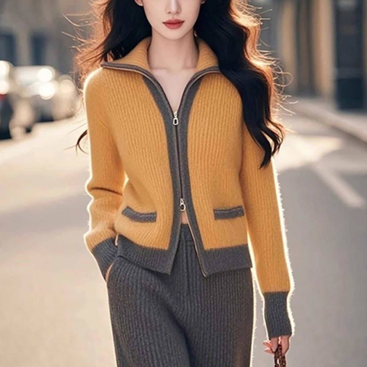 高级撞色边翻领拉链长袖毛衣针织开衫女秋冬宽松显瘦外套上衣