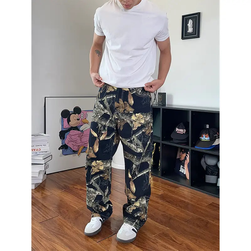 复古直筒流行宽松直筒阔腿牛仔印花涂鸦黑色时尚街头牛仔裤裤子男