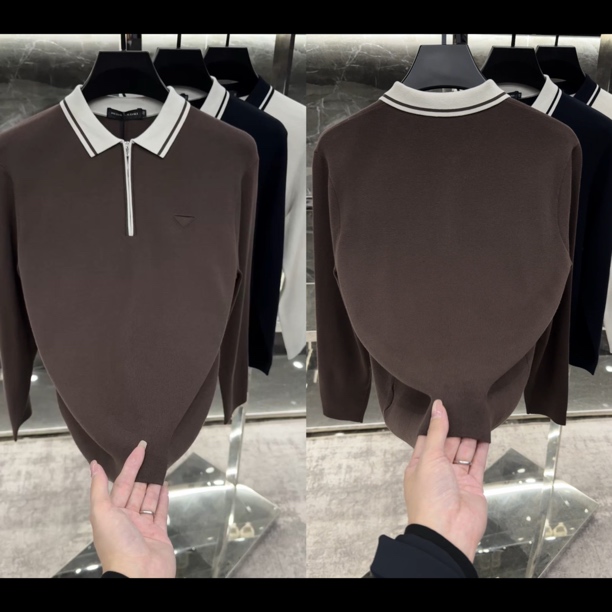 秋冬轻奢男士翻领拼色绵羊毛莫代尔混纺针织衫85002